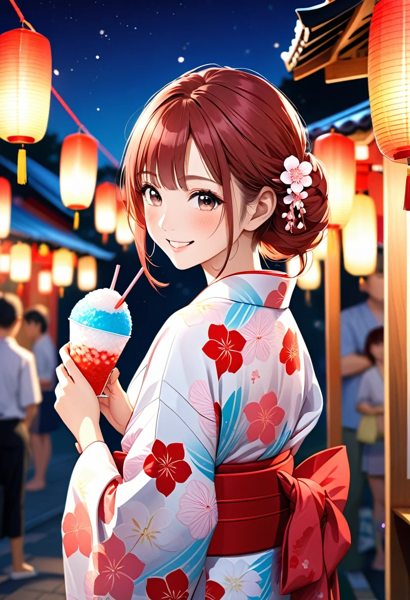 A girl is smiling while eating shaved ice at a summer festival.The girl is very cute and youthful, (Red twin-tailed hair1.2),Wearing a barrette on a kimono.(The girl is wearing a yukata with a beautiful pink pattern).Holding a shaved ice with red syrup, she flashes a proud smile at the camera.Summer festival background with summer festival night stalls lined up,The lights of the night stalls and lanterns make the girls look beautiful.The beauty, luster and texture of the girl's hair, the cuteness of her face and the beauty of her skin, the texture of the yukata based on the Japanese tradition,The beauty and texture of the obi,The beauty of the light on the shaved ice,The fantastic beauty of the lights at night stalls and festivals,Back view, girl looking at camera.(
High quality, high definition, masterpiece, best quality, 4k, 8k:1.2).Ultra detail,Cinema lighting, ultra-fine painting,Super Fine View,Professional photography,beautiful girl, 3dCG photorealistic portrait,