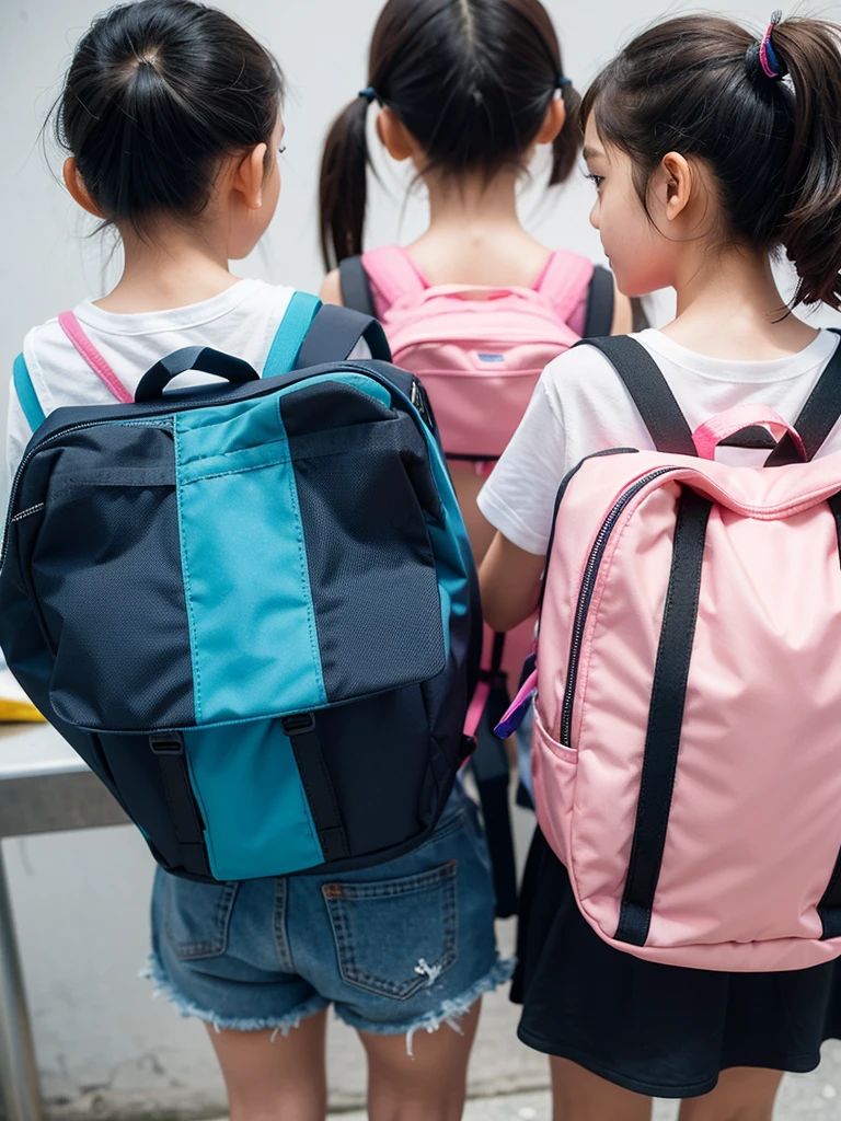Back view of 9-year-old siblings wearing elementary school backpacks with acrylic key rings attached