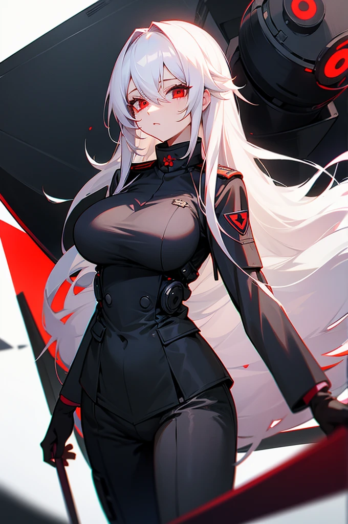 Woman long white hair red eyes big breast black uniform