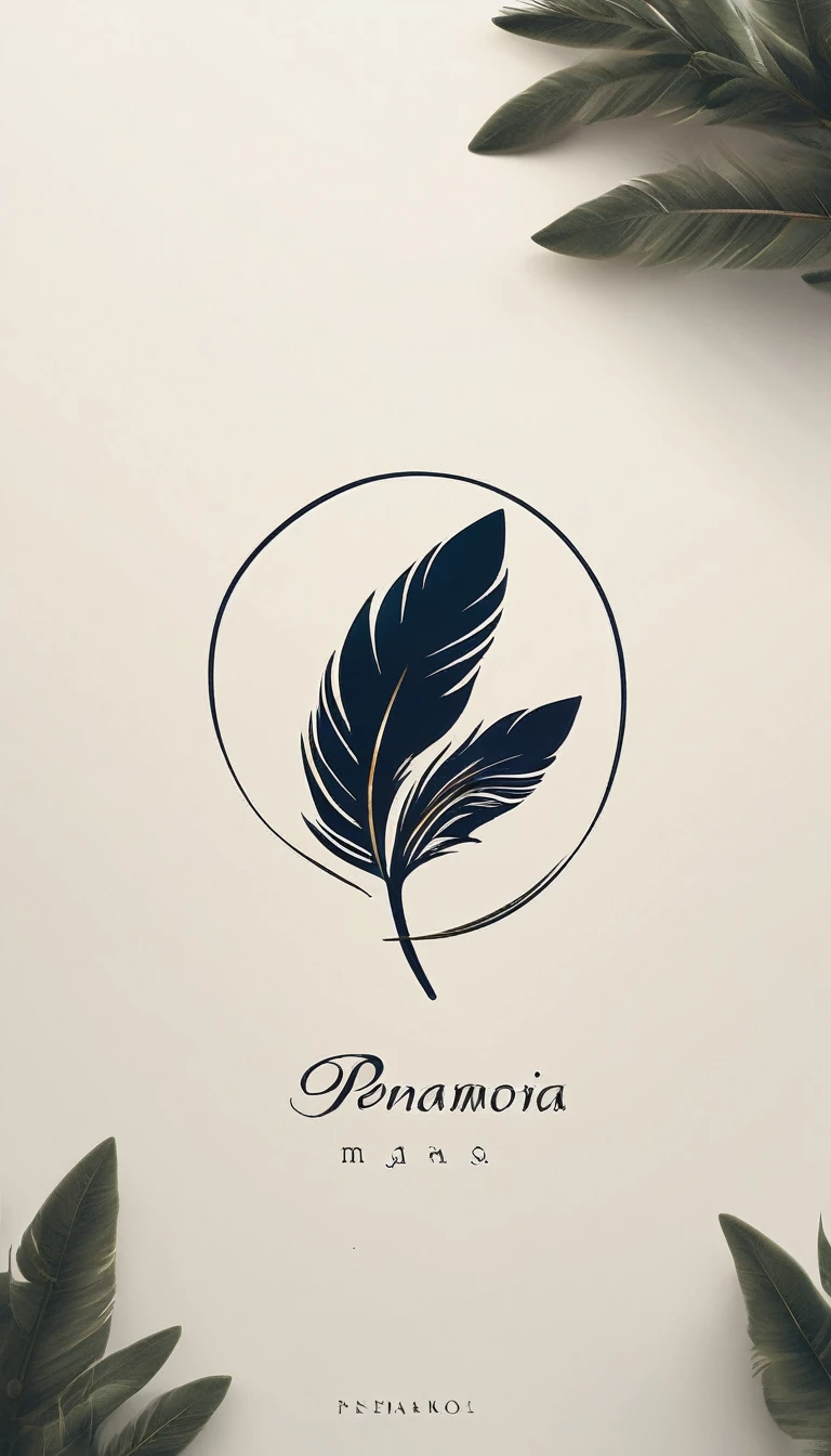 A minimal, high quality, modern, simple, cinematic symbol design for the brand “Penamemoria". The logotype must be a simple, fantastic, inspirational, memory feather and a boy playing acoustic guitar. The logo must convey a sense of music, stories and dreams. Logo design impressed on a book cover. Minimalistic logo