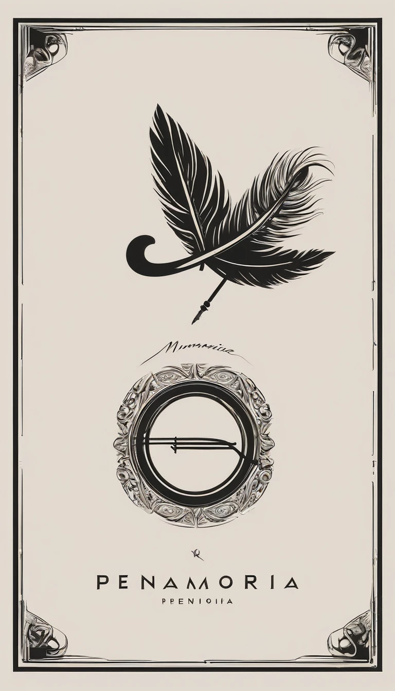 A minimal, high quality, modern, simple, cinematic symbol design for the brand “Penamemoria". The logotype must be a simple, fantastic, inspirational, memory feather and a boy playing acoustic guitar. The logo must convey a sense of music, stories and dreams. Logo design impressed on a book cover. Minimalistic logo