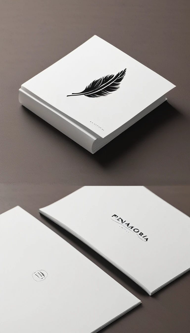 A minimal, high quality, modern, simple, cinematic symbol design for the brand “Penamemoria". The logotype must be a simple, fantastic, inspirational, memory feather and a boy playing acoustic guitar. The logo must convey a sense of music, stories and dreams. Logo design impressed on a book cover. Minimalistic logo