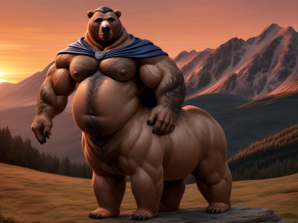 furry, fur taur, beartaur, middle-aged, 1man,  solo, hairy, arm_hair, leg_hair, short_hair, old, old_man, pectorals, large_pectorals, detailed face, bear ears, bear eyes(brown), bear nose(black), bear mouth, garibaldi beard(grey), mature hair(grey), detailed arms, thick arms, muscular, muscular_male, nipples, thick hands(5 fingers), detailed body belly, thick body, muscle belly(white), thick chest, chest hair(grey), detailed taur body, thick taur body(cloak), thick bear paws, thick bear tail, full body shot, sunset, standing on the mountain