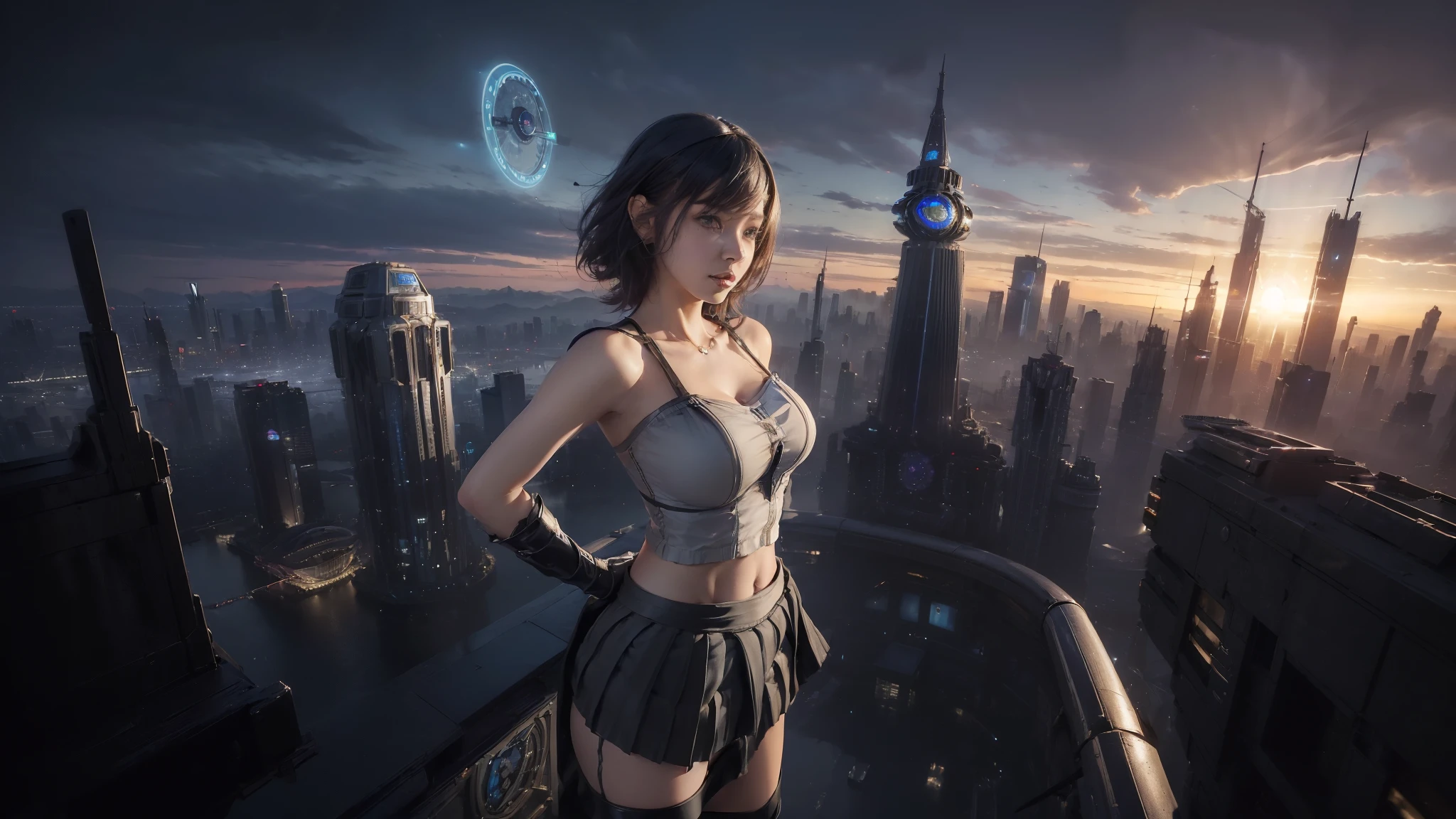 At night, (((aerial view of futuristic sci-fi cyberpunk city, skyscrapers, (((flying cars))), (vortex-spirit-spreading giant hologram (((clock tower))) as time machine), high quality))). Matrix style, (1girl, solo), photo realistic, (((large-breast:1.2 slim body, cleavage:1.3, perfect face, tube top, short pleated (((miniskirt)))))), (((((matrix style black (sunglasses), aiming at viewer with a (mini rifle):0.3))))), (((dynamic pose, half-body (thigh level) medium shot))), cinematic lighting.