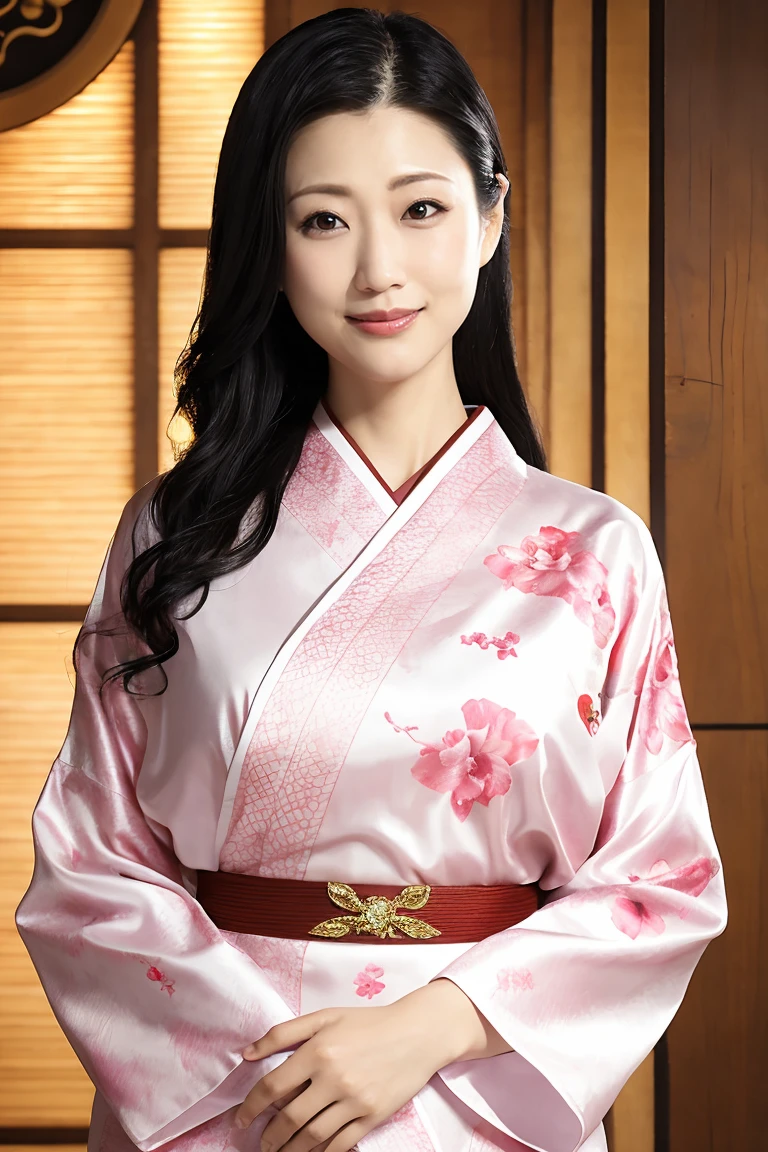 (Highest quality、Tabletop、8K、Best image quality、Award-winning works)、(1 Beautiful Mature Woman:1.1)、(Innkeeper:1.1)、(Elegant floral kimono:1.2)、Perfect Mature Woman Portrait Photo、Glowing Skin、Standing Elegantly、Face close-up、(Blurred elegant luxury hotel background:1.3)、Glowing White Skin、Very white skin、(Voluptuous body:1.1)、(Large Breasts:1.2)、(Accentuate your body lines:1.1)、The most elegant posture