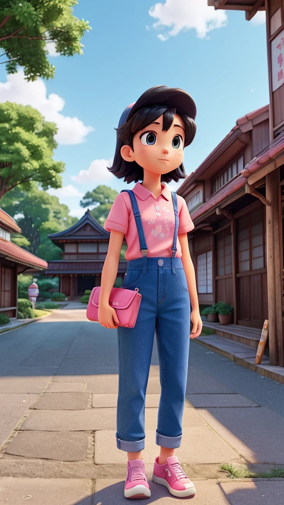 "Create a vibrant, anime-inspired scene set in a picturesque countryside location during a sunny day with clear blue skies dotted with fluffy clouds. The focal point should be a sleek, pink Supra sports car, parked near a small convenience store. The car should have a retro-futuristic design reminiscent of the .In the driver's seat, depict a young man with black hair, wearing a casual outfit, looking confidently ahead. Outside the store, include another character standing near the entrance, engaged in choosing snacks or drinks from a well-stocked display. The store should have a traditional Japanese style, with a yellow roof and colorful signage, reflecting the nostalgic charm of rural Japan.Add details like lush green trees and bushes surrounding the area, casting soft shadows on the pavement. Ensure the overall color palette is bright and saturated, capturing the warmth and vibrancy of a perfect summer day. Incorporate a sense of calm and anticipation, as if the characters are preparing for an exciting adventure."**Style:**- Anime-inspired, with clean lines and vivid colors.- Emphasize the serene and nostalgic atmosphere of the countryside.- Use bright and saturated colors to capture the