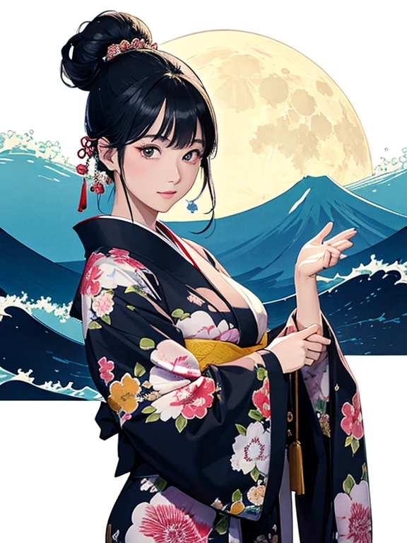 (Highest quality、masterpiece、High resolution、8K)、Ukiyo-e、Vibrant colors、Katsushika Hokusai、1 female、Black hair Japanese topknot、whole body、The kimono has a vivid floral pattern on a white background.、Official Art、背景はUkiyo-e風、White waves and Mt. Fuji、Flowers and Moon、White waves and the moon