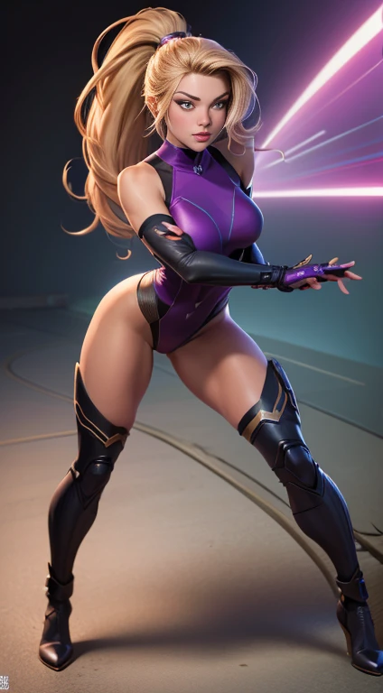 Imagine Olivia Dunne as an Marvel Comics character, Olivia Dunne as an super heroine, Marvel Comics, created in Stan Lee's style. High-quality facial research of Olivia Dunne, 20 years old, High-quality detailed research of Olivia Dunne's athletic figure, dirty blonde hair, long hair, ponytail styled hair, tan-olive skin, highly detailed skin. Sexy,dangerous,beautiful detailed eyes,beautiful detailed lips,longeyelashes,bold and intense gaze,skin-tight glossy purple leotard, high-tech goggles, metal arm bands, fingerless gloves, knee-high boots, glamorous,confident expression,fierce and powerful stance. Full Body shot