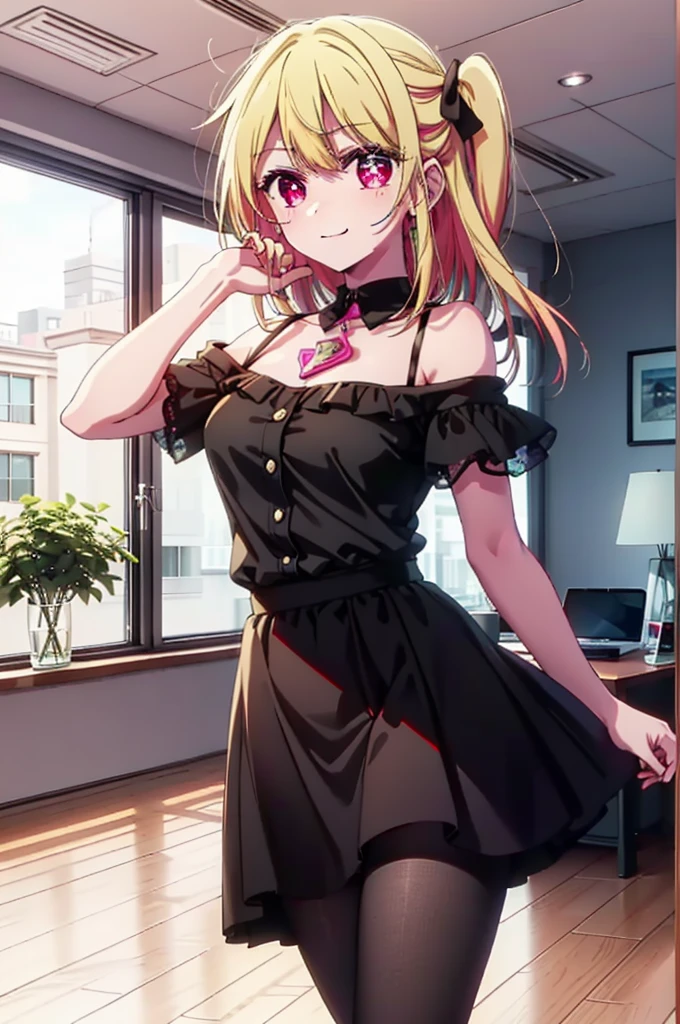 rubyhoshino, Hoshino Ruby, Long Hair, bangs, Blonde, (Pink Eyes:1.3), (Symbol-shaped pupil:1.5), Multicolored Hair, Two-tone hair, happy smile, smile, Close your mouth,
break, Cold Shoulder Shirt,Short sleeve,Long skirt,Black pantyhose,Stiletto heels,There is a computer on the table,Chair,Are standing,interior,whole bodyがイラストに入るように,Daytime,Clear skies,
break indoors, office,
break looking at viewer, whole body,
break (masterpiece:1.2), Highest quality, High resolution, unity 8k wallpaper, (figure:0.8), (Beautiful attention to detail:1.6), Highly detailed face, Perfect lighting, Highly detailed CG, (Perfect hands, Perfect Anatomy),