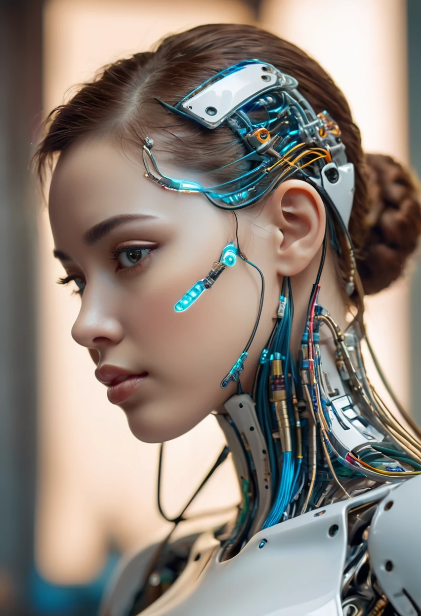 Beautiful porcelain woman profile, Android Face, cyborg, Robot parts, Perfect soft light , Edge Light, Vivid details, Gorgeous cyberpunk, race, Surreal, Anatomical, Facial muscles, electric wire, Microchip,It's located in the control center of a technologically advanced space station.。, (Intricate details of high-quality machines), Cinematic Style, Absolute sharpness, 8K images.(masterpiece).(Intricate details of high-quality machines), Cinematic Style, Absolute sharpness, 8K images.(masterpiece).