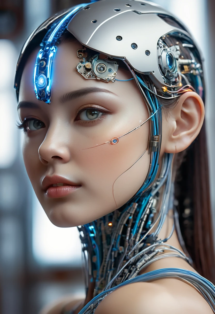 Beautiful porcelain woman profile, Android Face, cyborg, Robot parts, Perfect soft light , Edge Light, Vivid details, Gorgeous cyberpunk, race, Surreal, Anatomical, Facial muscles, electric wire, Microchip,It's located in the control center of a technologically advanced space station.。, (Intricate details of high-quality machines), Cinematic Style, Absolute sharpness, 8K images.(masterpiece).(Intricate details of high-quality machines), Cinematic Style, Absolute sharpness, 8K images.(masterpiece).