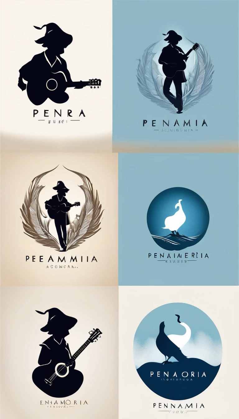 A minimal, modern, simple, cinematic logo design for the brand “Penamemoria". The logo design must be a simple, silhouette of a boy, standing up, playing acoustic guitar and fantasy feather by his side. The logo must convey a sense of music, stories, memories and dreams. Logo design impressed on a book cover. Minimalistic logo. Light blue, soft white and light golden as colors for the logo design