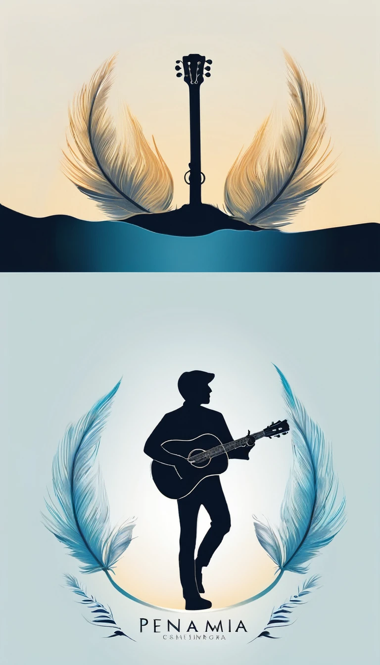 A minimal, modern, simple, cinematic logo design for the brand “Penamemoria". The logo design must be a simple, silhouette of a boy, standing up, playing acoustic guitar and fantasy feather by his side. The logo must convey a sense of music, stories, memories and dreams. Logo design impressed on a book cover. Minimalistic logo. Light blue, soft white and light golden as colors for the logo design