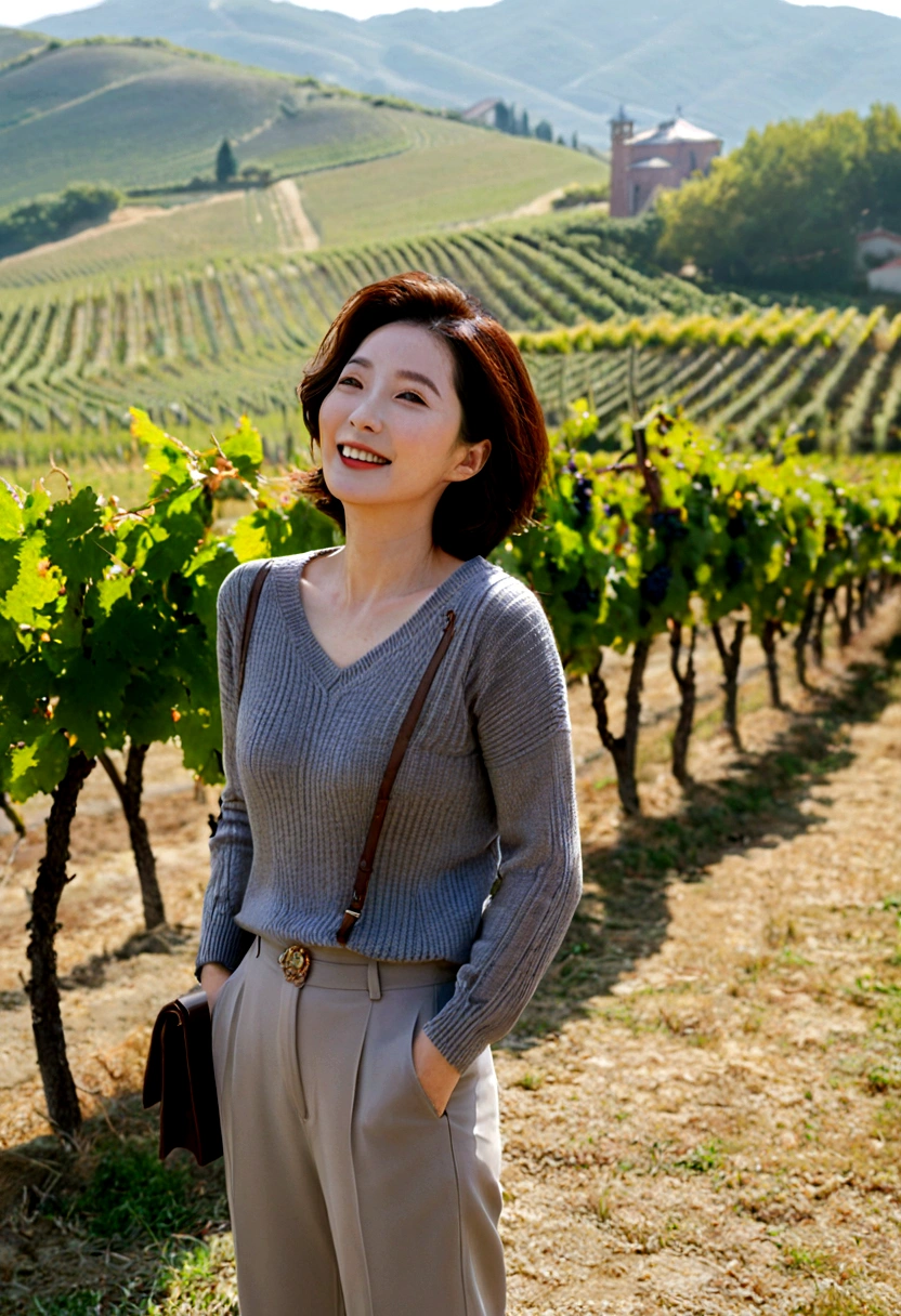8k best picture quality, Beautiful 36-year-old Korean woman, My skin is good and my eyes are clear and pretty... clear and nice weather. Chest size 34 inches, italian countryside, past the vineyard, The cathedral is visible in the fog in the distance., The back background is realistic and vivid quality., Short and medium hair blowing in the wind, Wearing a luxurious luxury knit. casual pants, laugh. the background is clear, Short and slim Korean woman, stand far away, Photo taken with a wide-angle lens, 1 woman