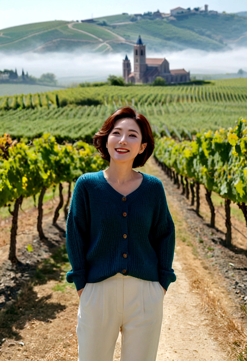 8k best picture quality, Beautiful 36-year-old Korean woman, My skin is good and my eyes are clear and pretty... clear and nice weather. Chest size 34 inches, italian countryside, past the vineyard, The cathedral is visible in the fog in the distance., The back background is realistic and vivid quality., Short and medium hair blowing in the wind, Wearing a luxurious luxury knit. casual pants, laugh. the background is clear, Short and slim Korean woman, stand far away, Photo taken with a wide-angle lens, 1 woman
