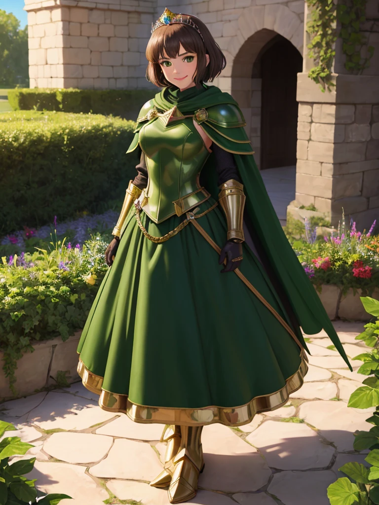 masterpiece, best quality:1.2), 1girl, smile, looking at viewer, green eyes, short brown hair, princess, armor, , pauldrons, armored dress, green cloak cape, wearing puffy blue ballgown skirt, golden tiara with green gem, armored boots, fingerless gloves, standing in medieval garden
