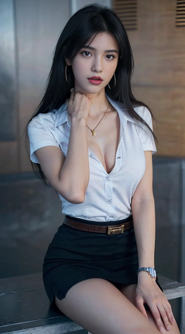 (8K,high resolution,Masterpiece, best quality, alone, complicated details, Chromatic aberration), realistic, ((middle bust)), hair in one eye, big round hoop earrings, Diamond choker, Gold Necklace, silver necklace, small watch, bangle, bracelet, bangleข้อเท้า, waist necklace, (symmetrical eyes),(Perfect symmetrical body), (Photo of a beautiful teenage girl of 24 years old), Beautiful and charming with contemporary fashion paintings as well...., looking at the audience, ((Behind the scenes of a large classroom)), (black short skirt), (((Wear a blue shirt over it...., ((white short sleeve, Open chest shirt), ((Open your shirt and show your chest a little.., very good,)), (), (Sagging breasts.))), (()), (Long square leather belt buckle), ((Put your hands down.)), (Bob, medium length hair, pinch, Side flatness, brass colored hair, (There is a thin layer of hair covering the face.......)), sharp eyeliner, eyelid, Blush, have thick eyelashes, sharp eyes, purple eyes, pink cheeks, Very delicate and beautiful, round chin, Sharp focus, elegant, (Open your legs on the study table.......), (Sit facing out and looking at the camera....), (Open your legs and lift your right leg over your left leg.......), (), it&#39;it&#39;it&#39;it&#39;It&#39;s an interesting example....., (Sagging breasts.)
