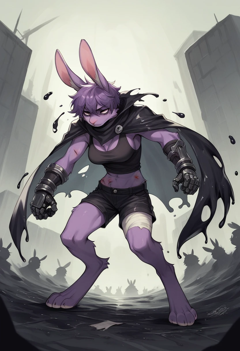 create a picture of a female half rabbit character  with purple giant rabbit digitigrade legs with white paws, put purple rabbit ears on top of her head, make her wearing a black athletic tank top and black shorts, put purple fur on her arms from her elbows down, give her short brown hair, make her legs look fluffy and furry, make it in an anime style, make her outfit slightly tattered and torn, make her look super tired, give her black gauntlets, make the background look like a pitch black wet environment, cover her fur in black goo, make the black goo dripping from her arms and legs, make her look bruised, put her in a defeated stance, give her a black tattered cape, give her moderate breasts, give her several large bandages