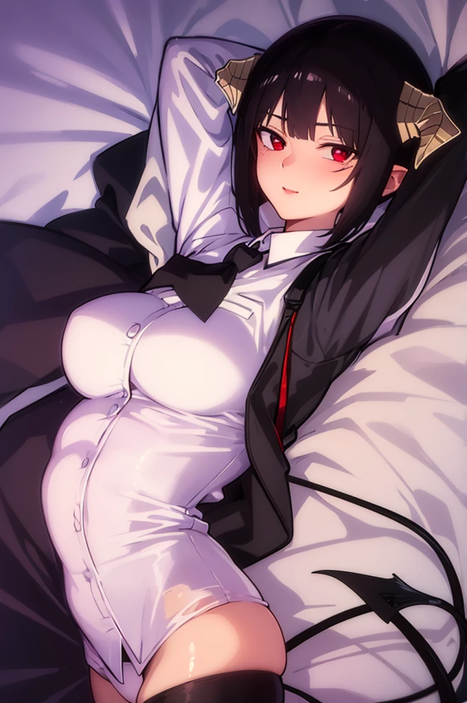 work of art, best qualityer, high resolution, 1girl horns short hair demon tail, white shirt black ascot black gloves black pants black vest lying on your back, sheet, arms up,blushed,face red,Hands behind the head,ssmile,Bblack hair,short thigh shorts,ssmile
