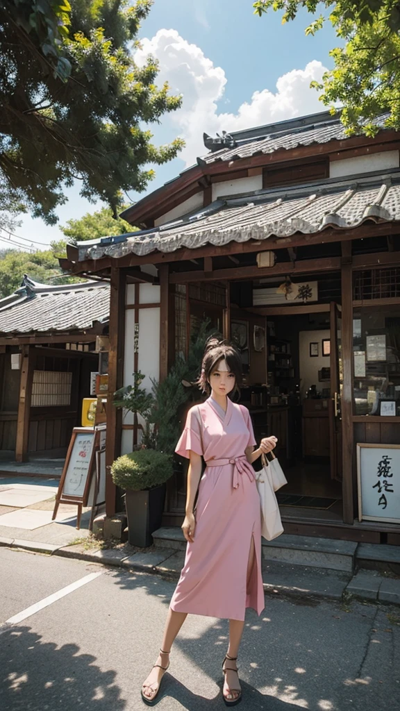 "Create a vibrant, anime-inspired scene set in a picturesque countryside location during a sunny day with clear blue skies dotted with fluffy clouds. The focal point should be a sleek, pink Supra sports car, parked near a small convenience store. The car should have a retro-futuristic design reminiscent of the .In the driver's seat, depict a young man with black hair, wearing a casual outfit, looking confidently ahead. Outside the store, include another character standing near the entrance, engaged in choosing snacks or drinks from a well-stocked display. The store should have a traditional Japanese style, with a yellow roof and colorful signage, reflecting the nostalgic charm of rural Japan.Add details like lush green trees and bushes surrounding the area, casting soft shadows on the pavement. Ensure the overall color palette is bright and saturated, capturing the warmth and vibrancy of a perfect summer day. Incorporate a sense of calm and anticipation, as if the characters are preparing for an exciting adventure."**Style:**- Anime-inspired, with clean lines and vivid colors.- Emphasize the serene and nostalgic atmosphere of the countryside.- Use bright and saturated colors to capture the