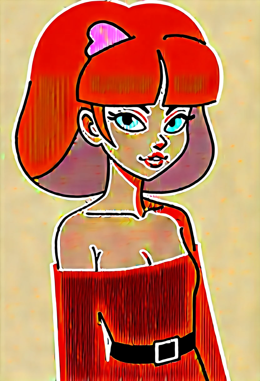 girl, hot, portrait, small breasts, slim, long brown hair, blossom, powerpuff girls, hot, soft or colored lips, pink dress, black belt, big hair bow, blossom, powerpuff girls, simple background, plain colors, hands perfect, perfect anatomy