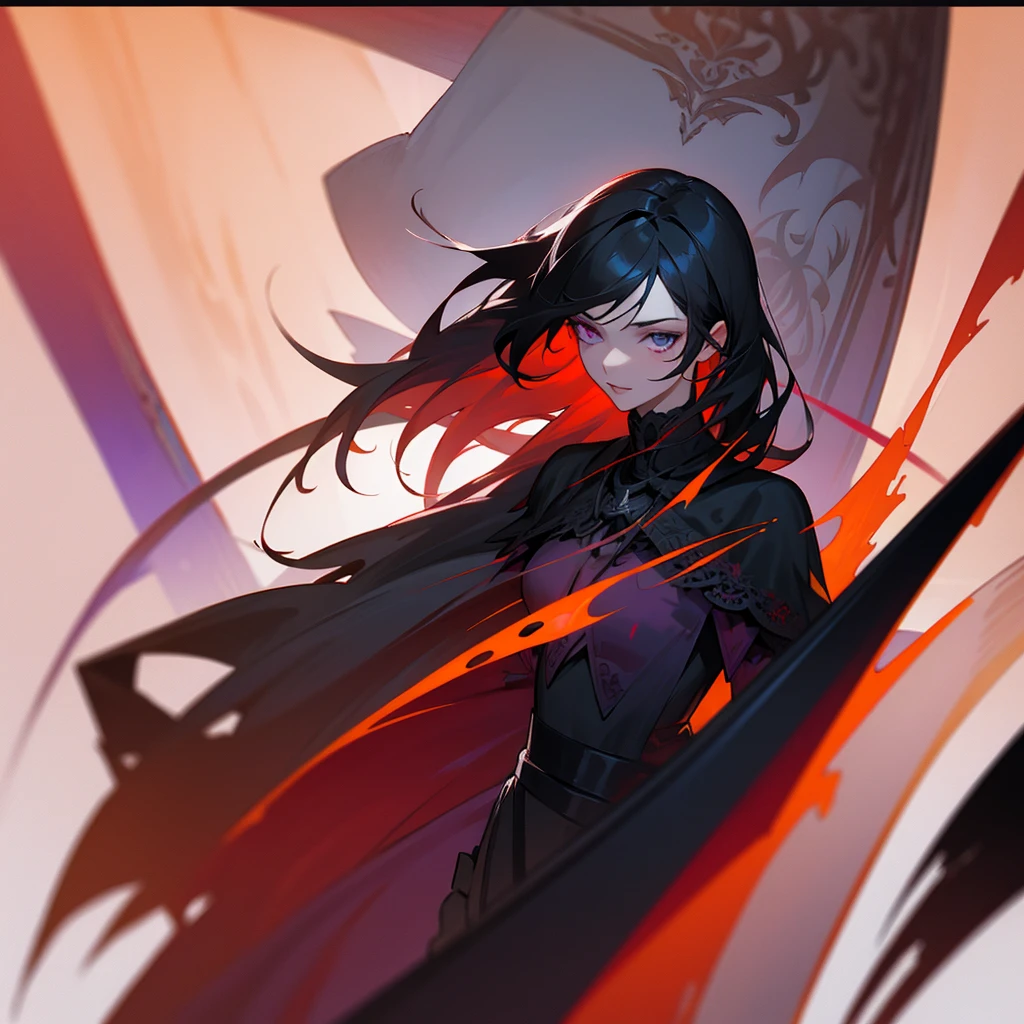 Elegant woman with cool red-purple heterochromia eyes, wearing a red dress, black trousers, long black hair (top quality, 8k, high, masterpiece), highly detailed facial features, intricate details, natural lighting, warm color, soft focus, digital painting, fantasy art, silhouette, red light, eerie atmosphere, foggy, Scythe, weapon, auta merah, partikel hitam.