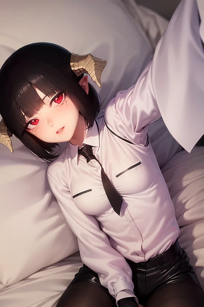 work of art, best qualityer, high resolution, 1girl horns short hair demon tail, white shirt black ascot black gloves black pants black vest lying on your back, sheet, arms up,blushed,face red,Hands behind the head,ssmile,Bblack hair,short thigh shorts,ssmile
