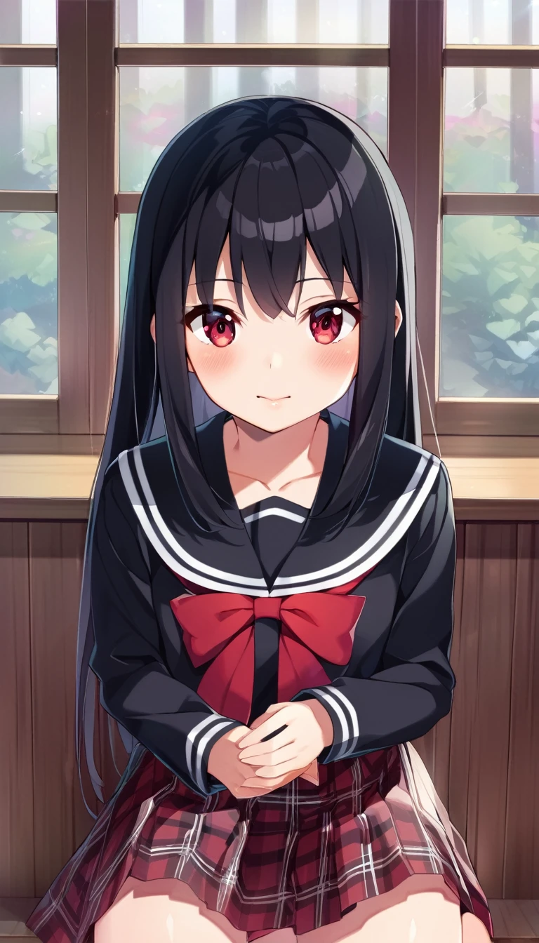 one girl, black sailor uniform, plaid skirt, long sleeve, naive, black hair, 
