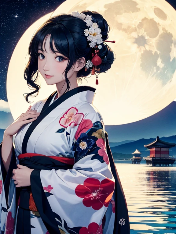 (Highest quality、masterpiece、High resolution、8K)、Ukiyo-e、Vibrant colors、Katsushika Hokusai、1 female、Black hair Japanese topknot、whole body、The kimono has a vivid floral pattern on a white background.、Official Art、背景はUkiyo-e風、White waves and Mt. Fuji、Flowers and Moon、White waves and the moon