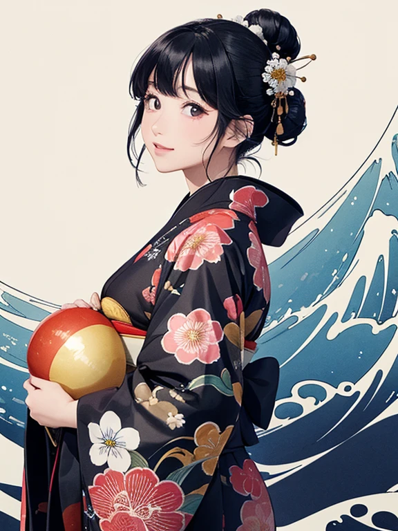 (Highest quality、masterpiece、High resolution、8K)、Ukiyo-e、Vibrant colors、Katsushika Hokusai、1 female、Black hair Japanese topknot、whole body、The kimono has a vivid floral pattern on a white background.、Official Art、背景はUkiyo-e風、White waves and Mt. Fuji、Flowers and Moon、White waves and the moon