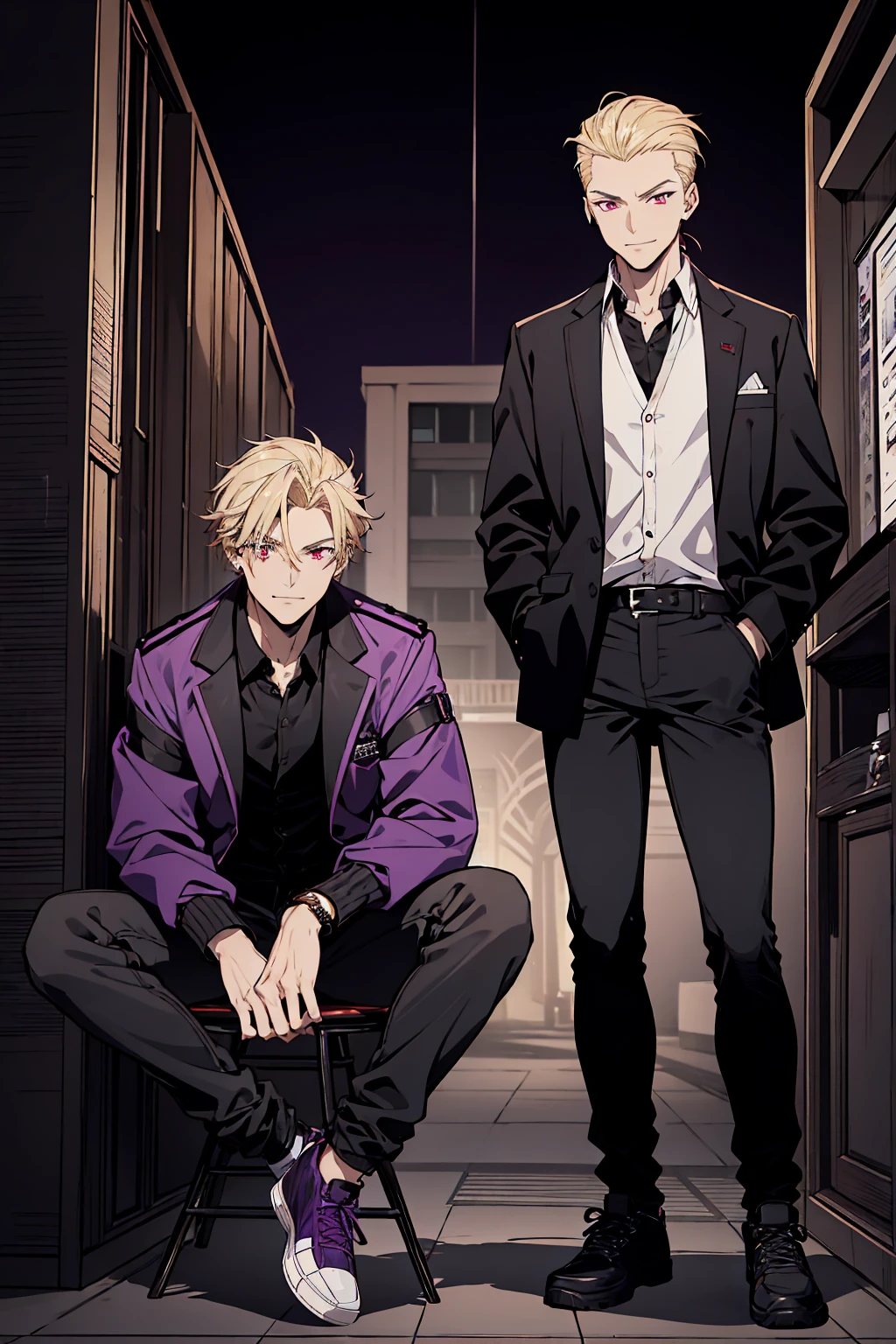 One person, Tall, tannish, handsome male, fit and lean, red eyes, slicked back blonde hair, light stubble, wearing black collared school jacket with purple and black checkered undershirt, wearing baggy jeans, purple and black high tops, has golden watch, and cocky smile, sitting alone in the dusk of night.