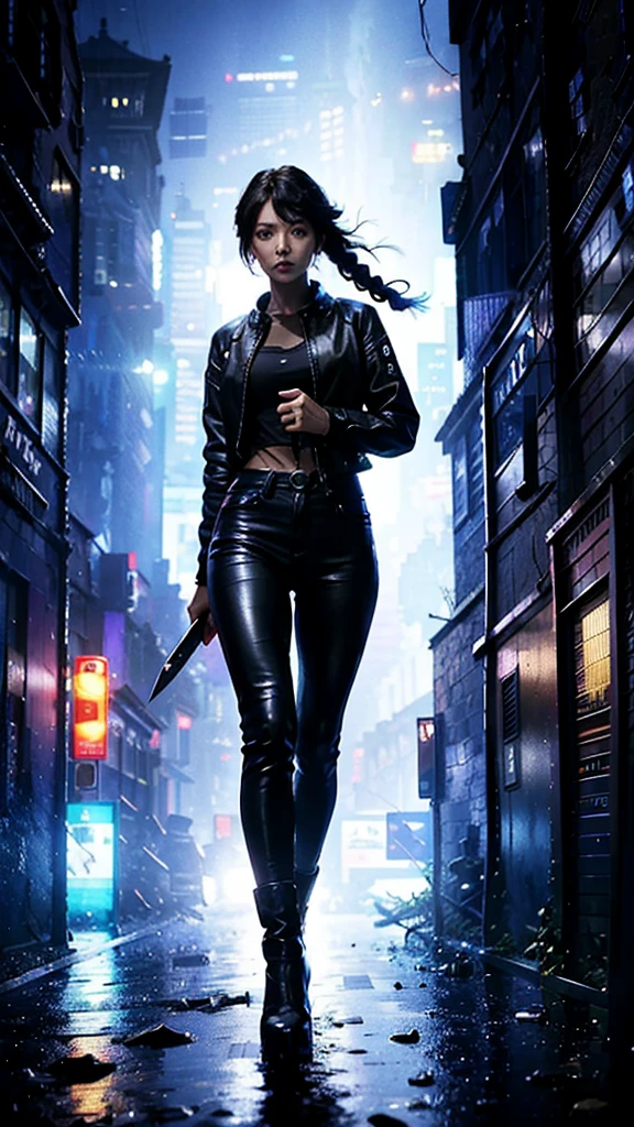 Full body portrait 、Beautiful female soldier from Wakanda ((Black women:1.2)), Dark Skin, Black Hair, Braided hair, ,blue eyes、 black leather flight jacket、Black T-shirt、Black leather pants、Holding a knife, detailed, Realistic Face, Digital Portrait, The background is a night city. Big city at night、Aggressive Pose、Prepare for external enemies、Be vigilant、Heavy rainy night、Blade Runner、ghost in the Shell、A man is lying on the road