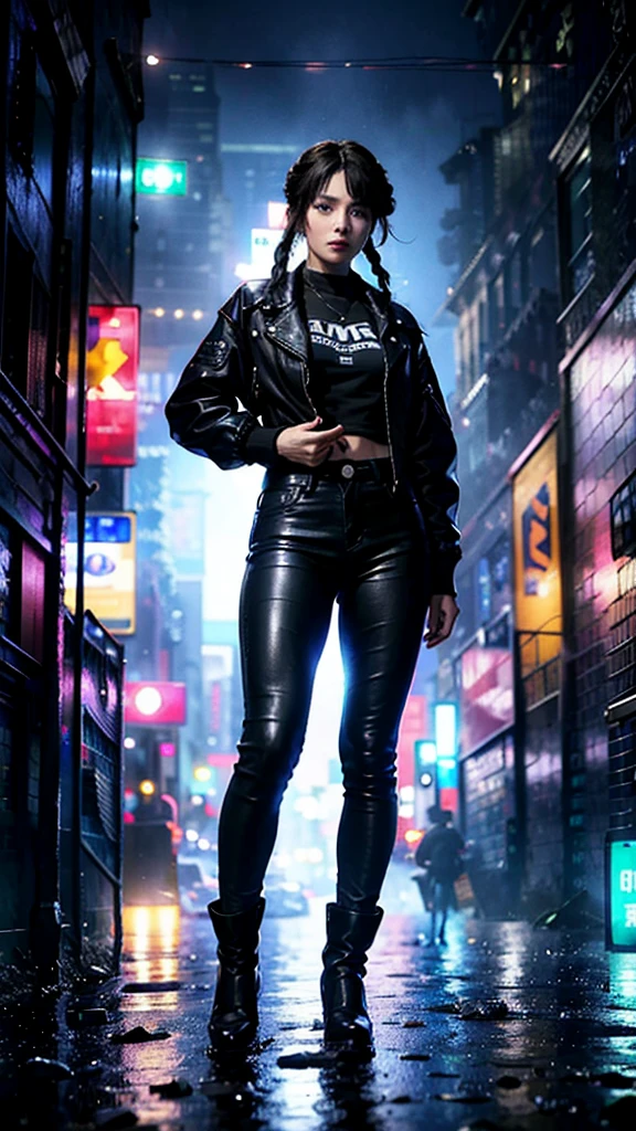 Full body portrait 、Beautiful female soldier from Wakanda ((Black women:1.2)), Dark Skin, Black Hair, Braided hair, ,blue eyes、 black leather flight jacket、Black T-shirt、Black leather pants、Holding a knife, detailed, Realistic Face, Digital Portrait, The background is a night city. Big city at night、Aggressive Pose、Prepare for external enemies、Be vigilant、Heavy rainy night、Blade Runner、ghost in the Shell、A man is lying on the road