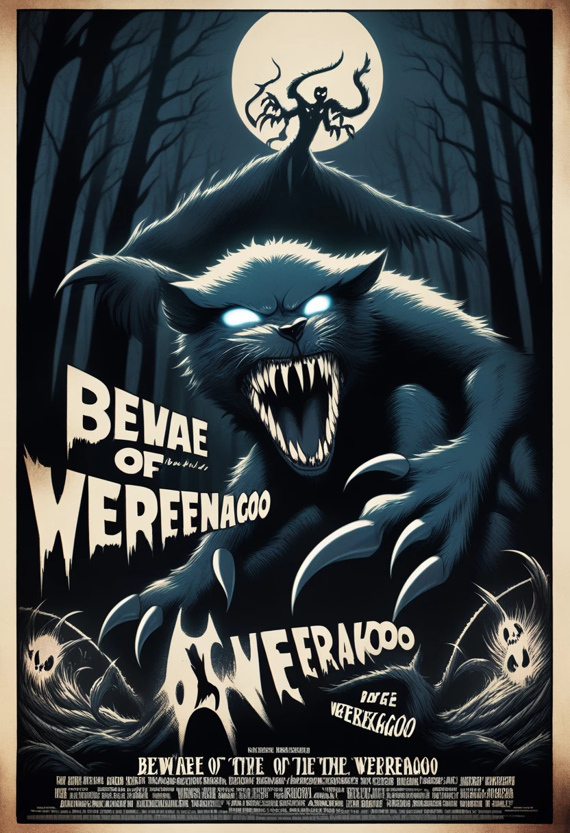 Movie Poster, Beware of the Werekangaroo, detailed background, full moon, night sky, dark forest, werekangaroo, menacing, sharp claws, glowing eyes, dramatic lighting, horror movie, vintage style, cinematic effects, eerie atmosphere, ominous text, dynamic pose, high contrast, intricate details, digital art