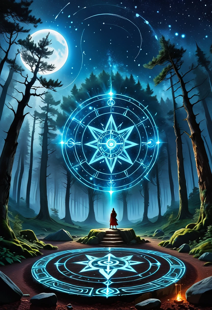 A great astrologer,(Dark Fantasy),(Ultra wide angle),In an ancient forest wasteland, The ancient stone magic circle predates all recorded history. It is composed of countless huge rocks, Each one has signs of erosion., Arranged into a perfect six-pointed star,Point to each constellation, As if connected to the power of the universe. At its center, The ground is engraved with complex runes and mysterious patterns.,In the moonlight, the light is blue, As part of the summoning ritual,It is also a container of power., Peak electricity consumption at night. The surrounding forest seemed to avoid, The branches are curved,Whisper. When the stars align on a special night, The energy of the sky resonates with the runes of the circle, Slowly open a crack,Inside is a creature with eyes like burning coals, Made of darkness and fear, Get out, Every step you take,The earth will tremble. This scene depicts a mysterious and dangerous moment,An ancient magic circle summons an entity under the watchful eyes of the ancient forest.,(masterpiece,best quality,Ultra HD,Extremely detailed,illumination)