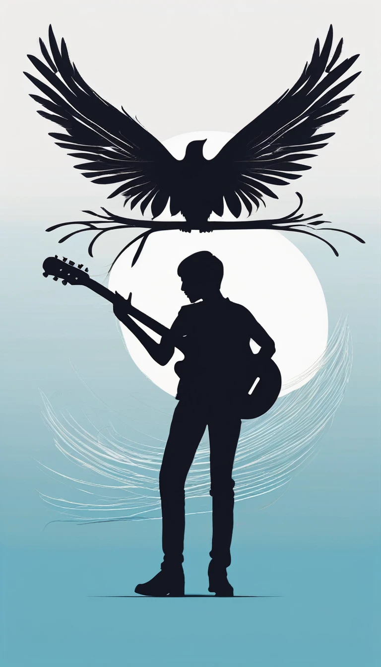 A minimal, modern, simple, cinematic logo design for the brand “Penamemoria". The logo design must be a simple, silhouette of a boy, standing up, playing acoustic guitar and fantasy feather by his side. The logo must convey a sense of music, stories, memories and dreams. Logo design impressed on a book cover. Minimalistic logo. Sky blue, white and golden as colors for the logo design