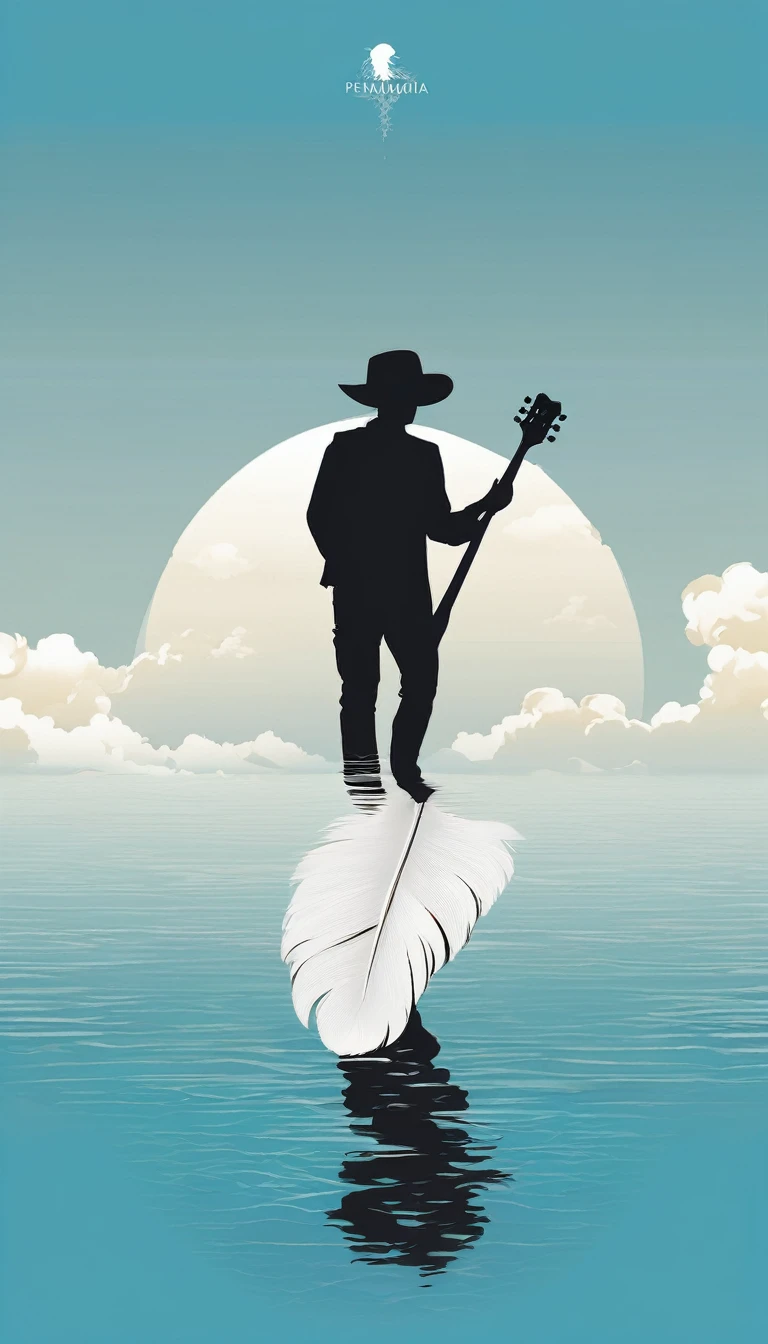 A minimal, modern, simple, cinematic logo design for the brand “Penamemoria". The logo design must be a simple, silhouette of a boy, standing up, playing acoustic guitar and fantasy feather by his side. The logo must convey a sense of music, stories, memories and dreams. Logo design impressed on a book cover. Minimalistic logo. Sky blue, white and golden as colors for the logo design
