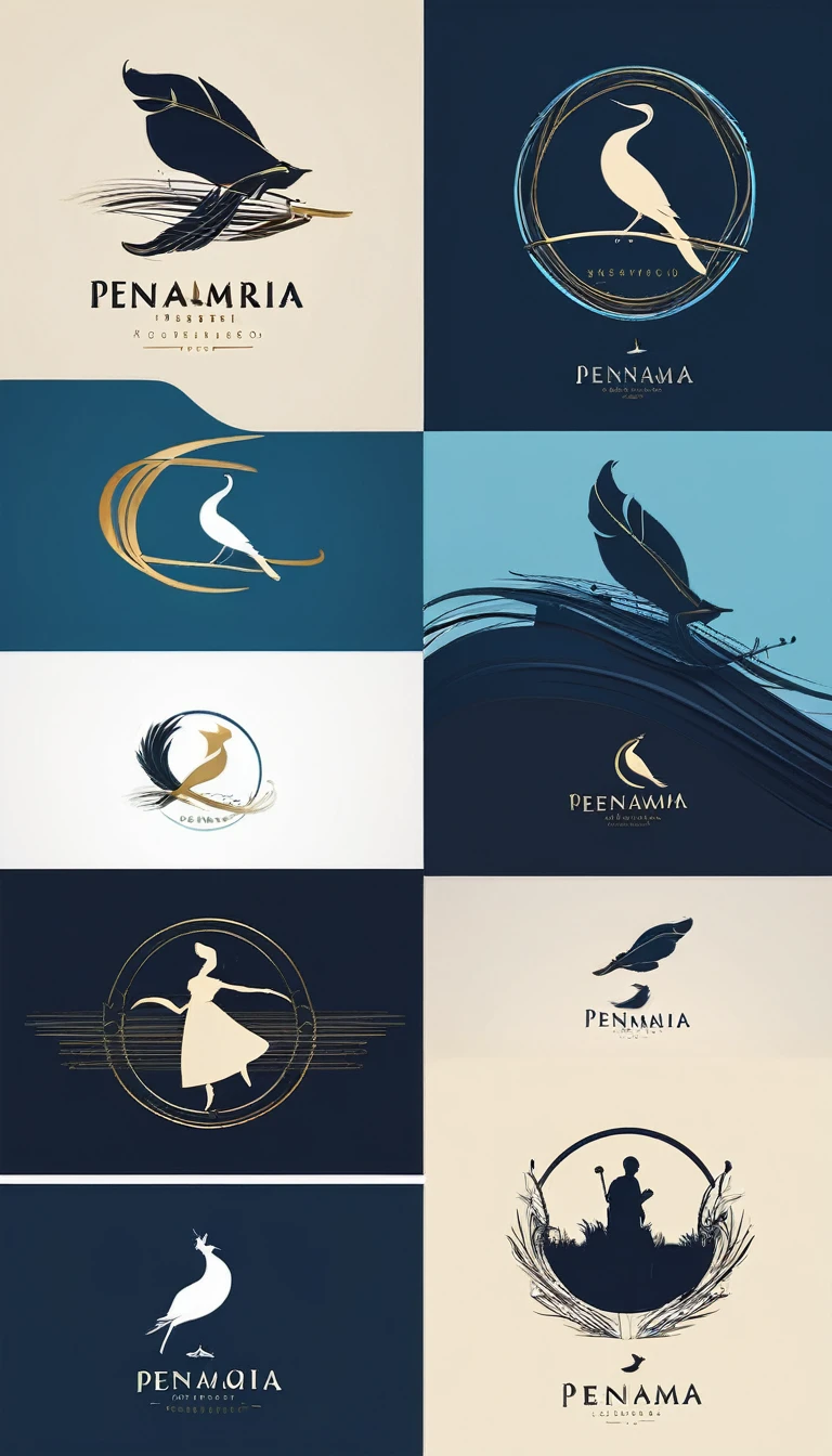A minimal, modern, simple, cinematic logo design for the brand “Penamemoria". The logo design must be a simple, silhouette of a boy, standing up, playing acoustic guitar and fantasy feather by his side. The logo must convey a sense of music, stories, memories and dreams. Logo design impressed on a book cover. Minimalistic logo. Sky blue, white and golden as colors for the logo design
