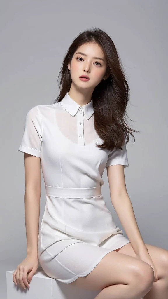 Highest quality,masterpiece,Ultra-high resolution,(Actual:1.4),Original photo,Ultra-high resolution,8K,There are also women,Fair skin、white short sleeve dress ,
Long legs:1.5,Bright and beautiful,high waist,Flashy makeup,Gray background,