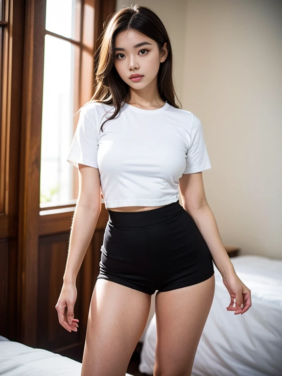 photo of young woman, in white t-shirt, black pajamas tight shorts, standing, posing, detailed, photography, realistic, reality, high detail, bright light