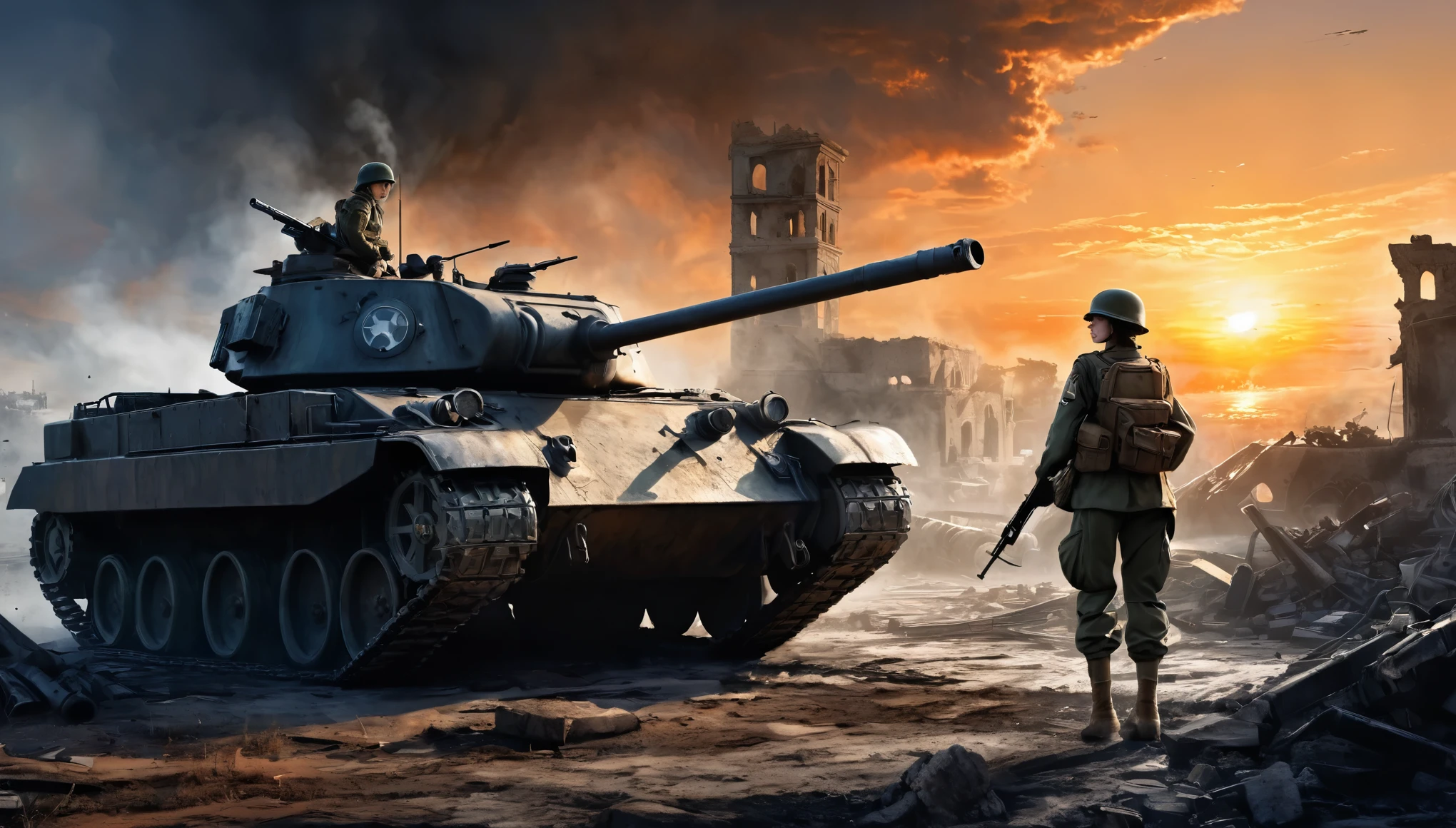 （A female soldier stands on the left and touches the tank gun barrel，Saying goodbye，Background is the ruins of the city，Under the sunset：1.5）painting masterpiece, Extremely detailed, Black White Dark Steel Dark Blue Black Light Brown Dark Brown White Light Orange Dark Red Dark Green, Dramatic Lighting, evening, High contrast, steam, FOG, Israeli soldiers fighting with tanks on the battlefield, Movie Lighting, Aspect ratio of 16:9, steam, 4K, professional ominous Concept Art, author：artgerm and greg rutkowski, complex, elegant, Highly detailed digital painting, Concept Art, Smooth, Clear focus, illustration, Simon Starenhagen&#39;s style, Wayne Barlow, 和 igor kieryluk., Acrylic painting, Popular in pixiv Fan Box, Palette knife and brush strokes, Makoto Shinkai&#39;s styleJamie WiseJames GirardEdward HopperGreg RutkowskiStudio GhibliGenshin Impact