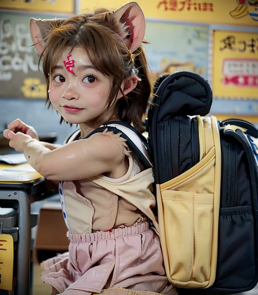 (hyena_girl: 1.3), (elementary_school_student: 1.3), (young_girl: 1.2), (animal_ears: 1.2), (hyena_ears: 1.2), (hyena_tail: 1.2), (school_uniform: 1.2), (short_hair: 1.1), (brown_hair: 1.1), (brown_eyes: 1.1), (fang: 1.1), (cute: 1.2), (cheerful: 1.2), (classroom: 1.1), (desk: 1.1), (blackboard: 1.1), (school_bag: 1.1), (textbook: 1.1), (pencil: 1.1), (1girl), solo, standing, smiling, waving, looking_at_viewer, full_body, day, indoor, bright_lighting, colorful, detailed_background, high_quality, best_quality, masterpiece(hyena_girl: 1.3), (elementary_school_student: 1.3), (young_girl: 1.2), (animal_ears: 1.2), (hyena_ears: 1.2), (hyena_tail: 1.2), (school_uniform: 1.2), (short_hair: 1.1), (brown_hair: 1.1), (brown_eyes: 1.1), (fang: 1.1), (cute: 1.2), (cheerful: 1.2), (classroom: 1.1), (desk: 1.1), (blackboard: 1.1), (school_bag: 1.1), (textbook: 1.1), (pencil: 1.1), 1girl
