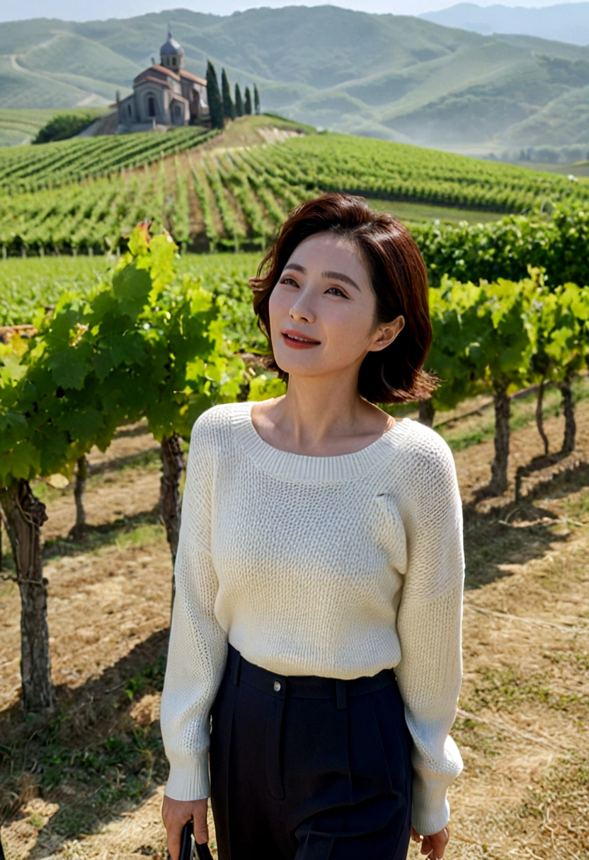 8k best picture quality, Beautiful 36-year-old Korean woman, My skin is good and my eyes are clear and pretty... clear and nice weather. Chest size 34 inches, italian countryside, past the vineyard, A cathedral can be seen in the fog in the distance.., The back background is realistic and vivid quality., Short and medium hair blowing in the wind, Wearing a luxurious luxury knit. casual pants, laugh. the background is clear, Short and slim Korean woman, stand far away, Photo taken with a wide-angle lens, 1 woman