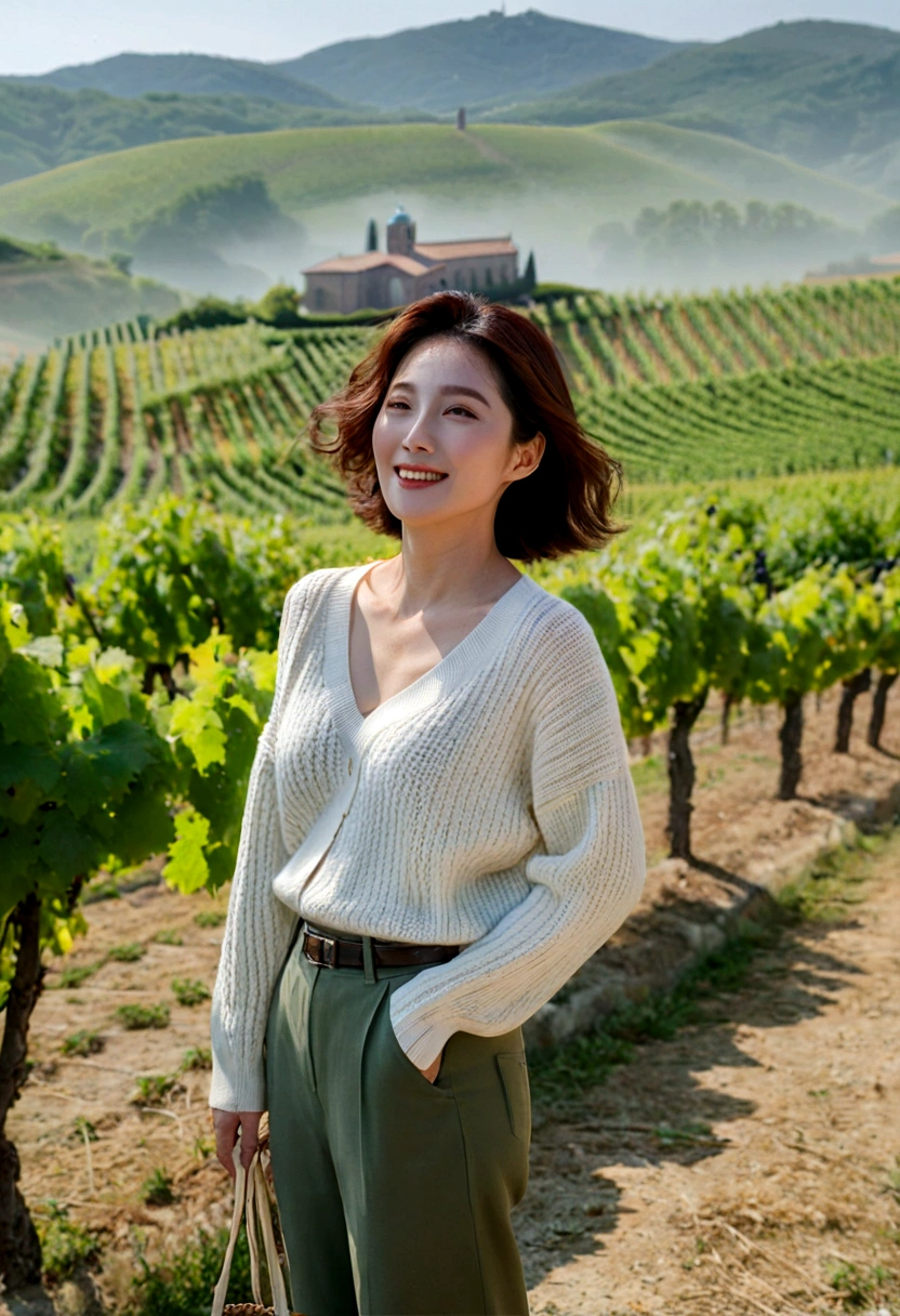 8k best picture quality, Beautiful 36-year-old Korean woman, My skin is good and my eyes are clear and pretty... clear and nice weather. Chest size 34 inches, italian countryside, past the vineyard, A cathedral can be seen in the fog in the distance.., The back background is realistic and vivid quality., Short and medium hair blowing in the wind, Wearing a luxurious luxury knit. casual pants, laugh. the background is clear, Short and slim Korean woman, stand far away, Photo taken with a wide-angle lens, 1 woman
