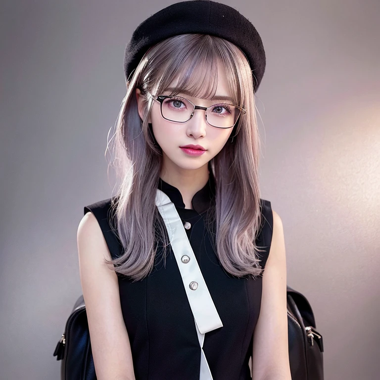 One girl,Beautiful vintage colors, Instagram (photoRealistic, High resolution:1.4), ((Puffy eyes)), View your viewers, , whole body (8K, RAW Photos, Highest quality, masterpiece:1.2), (Realistic, photo-Realistic:1.37),(Sharp focus:1.2), Professional Lighting, Photon Mapping, Radio City, Physically Based Rendering, (Pale skin:1.2),(Small breasts:1.2), View your viewers, (Mid-length hair:1.5), Portraiture, Purple eyes, (Silver Hair:1.1),bangs, (Simple Background:1.4), alone, Upper Body, Realistic,(masterpiece:1.4),(Highest quality:1.4),(Shiny skin),Fashionable Girl,compensate,smile(skinny,Mouth closed,shy :1.3) ,(Are standing,Black stewardess uniform,Necromancer:1.1),Wearing glasses with thin frames,necklace,hatを被っている,hat,Black-rimmed square glasses,rucksack