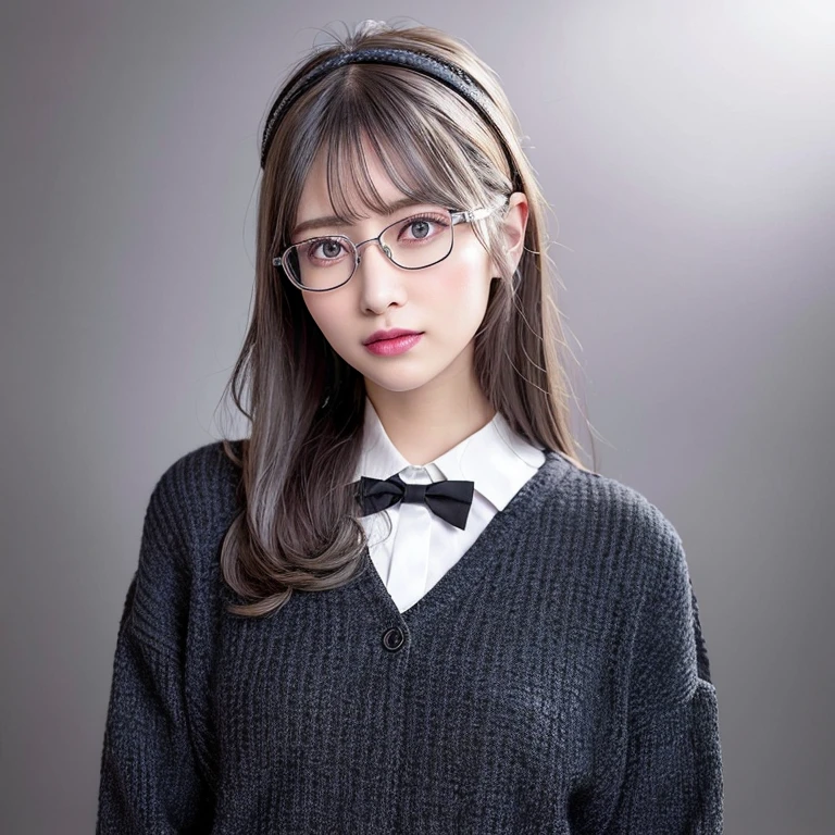 One girl,Beautiful vintage colors, Instagram (photoRealistic, High resolution:1.4), ((Puffy eyes)), View your viewers, , whole body (8K, RAW Photos, Highest quality, masterpiece:1.2), (Realistic, photo-Realistic:1.37),(Sharp focus:1.2), Professional Lighting, Photon Mapping, Radio City, Physically Based Rendering, (Pale skin:1.2),(Small breasts:1.2), View your viewers, (Mid-length hair:1.5), Portraiture, Purple eyes, (Silver Hair:1.1),bangs, (Simple Background:1.4), alone, Upper Body, Realistic,(masterpiece:1.4),(Highest quality:1.4),(Shiny skin),Fashionable Girl,compensate,smile(skinny,Mouth closed,shy :1.3) ,(Are standing,Black stewardess uniform,Necromancer:1.1),Wearing glasses with thin frames,necklace,hatを被っている,hat,Black-rimmed square glasses,rucksack