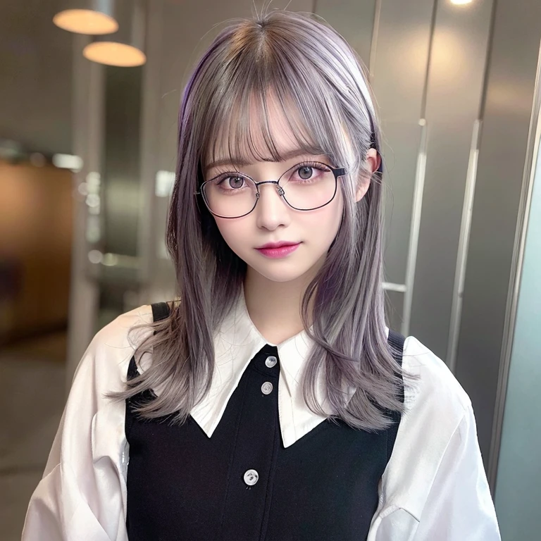 One girl,Beautiful vintage colors, Instagram (photoRealistic, High resolution:1.4), ((Puffy eyes)), View your viewers, , whole body (8K, RAW Photos, Highest quality, masterpiece:1.2), (Realistic, photo-Realistic:1.37),(Sharp focus:1.2), Professional Lighting, Photon Mapping, Radio City, Physically Based Rendering, (Pale skin:1.2),(Small breasts:1.2), View your viewers, (Mid-length hair:1.5), Portraiture, Purple eyes, (Silver Hair:1.1),bangs, (Simple Background:1.4), alone, Upper Body, Realistic,(masterpiece:1.4),(Highest quality:1.4),(Shiny skin),Fashionable Girl,compensate,smile(skinny,Mouth closed,shy :1.3) ,(Are standing,Black stewardess uniform,Necromancer:1.1),Wearing glasses with thin frames,necklace,hatを被っている,hat,Black-rimmed square glasses,rucksack