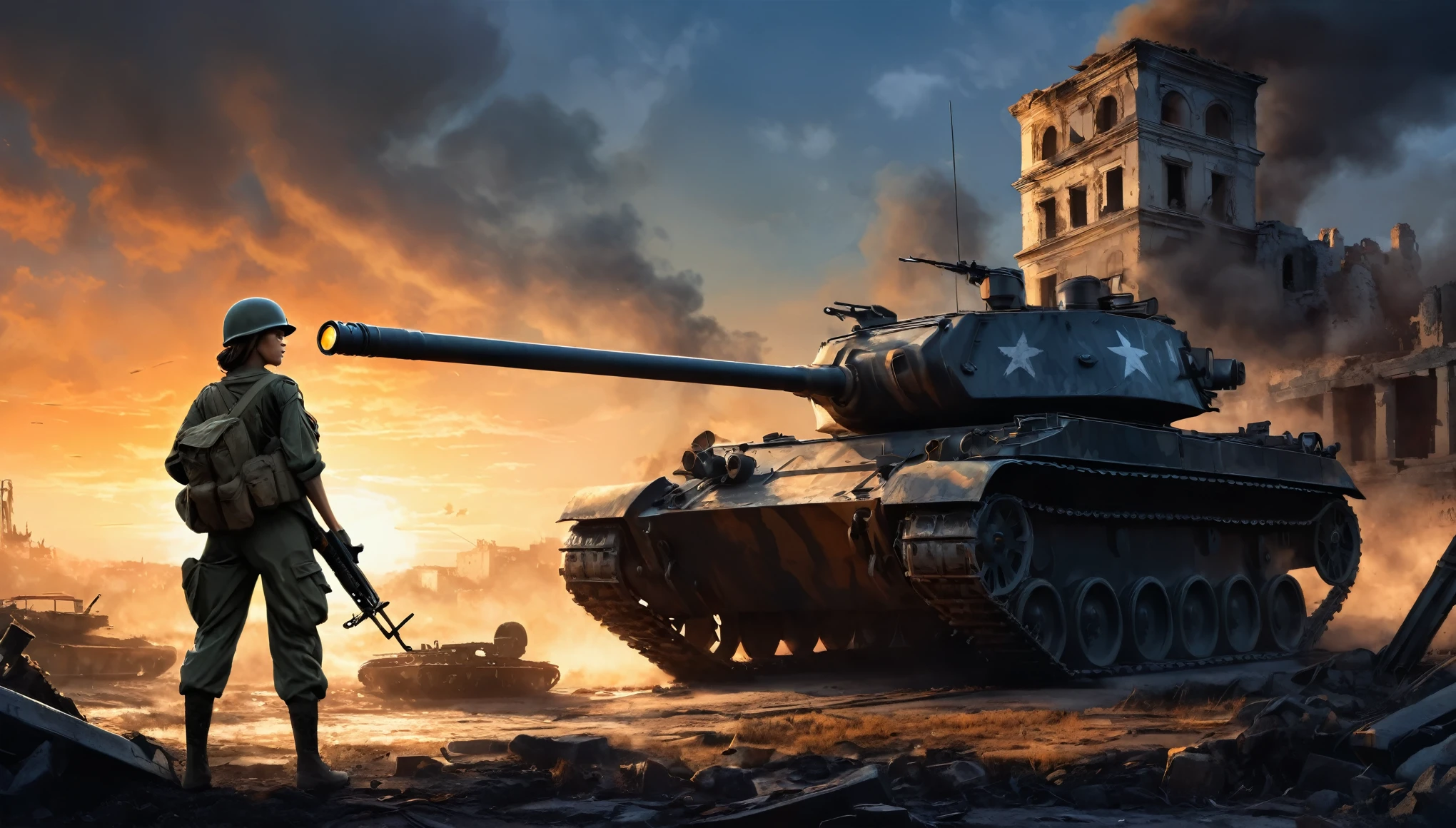 (A female soldier stands on the left and touches the tank gun barrel,Saying goodbye,Background is the ruins of the city,Under the sunset:1.5)painting masterpiece, Extremely detailed, Black White Dark Steel Dark Blue Black Light Brown Dark Brown White Light Orange Dark Red Dark Green, Dramatic Lighting, evening, High contrast, steam, FOG, Israeli soldiers fighting with tanks on the battlefield, Movie Lighting, Aspect ratio of 16:9, steam, 4K, professional ominous Concept Art, author:artgerm and greg rutkowski, complex, elegant, Highly detailed digital painting, Concept Art, Smooth, Clear focus, illustration, Simon Starenhagen's style, Wayne Barlow, 和 igor kieryluk., Acrylic painting, Popular in pixiv Fan Box, Palette knife and brush strokes, Makoto Shinkai's styleJamie WiseJames GirardEdward HopperGreg RutkowskiStudio GhibliGenshin Impact