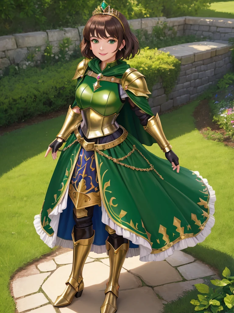 masterpiece, best quality:1.2), 1girl, smile, looking at viewer, green eyes, short brown hair, princess, armor, , pauldrons, armored dress, green cloak cape, wearing y blue ballgown skirt, golden tiara with green gem, armored boots, fingerless gloves, standing in medieval garden