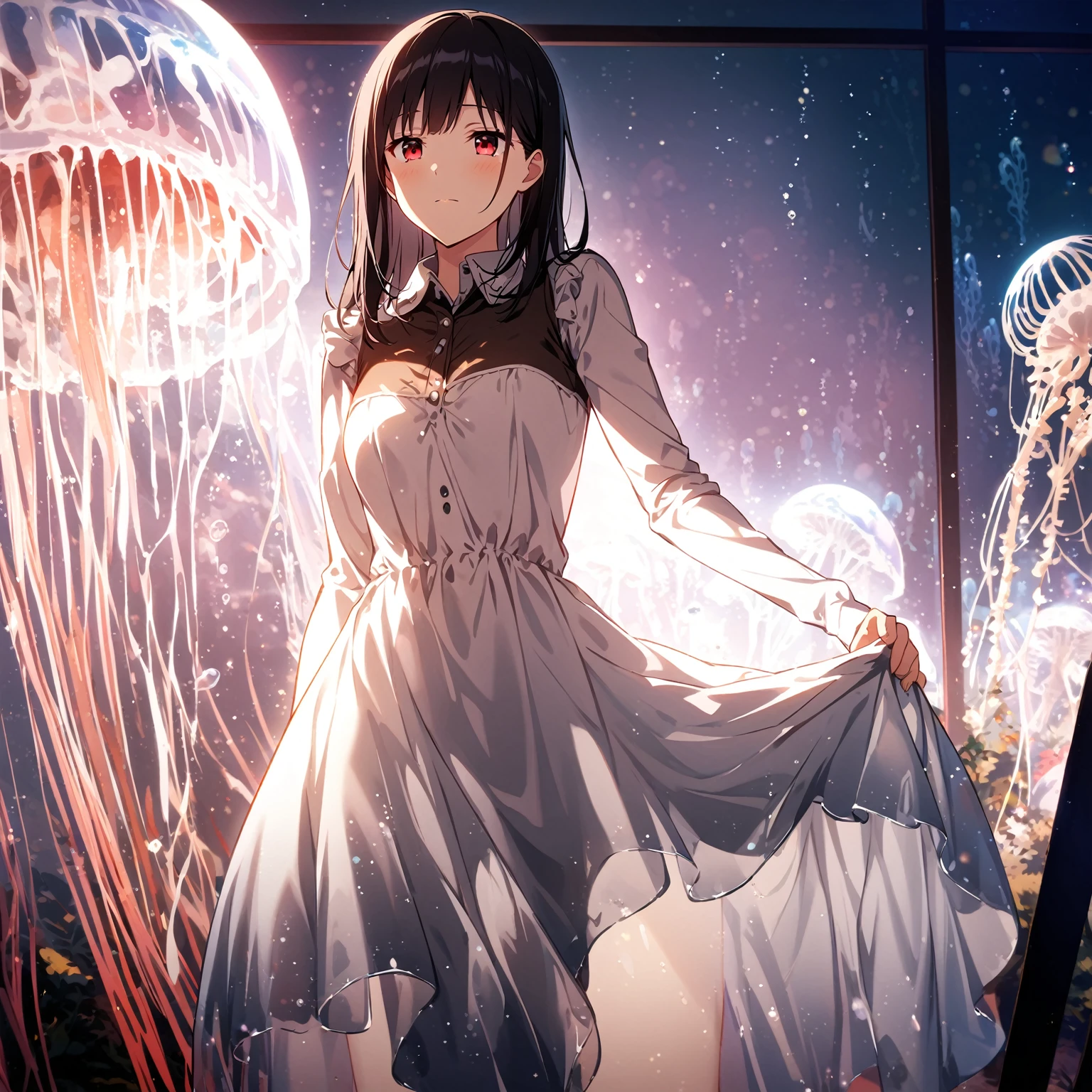 1girl、Black Hair、Red eyes、Skeleton Body、plastic dress、Blue jellyfish、aquarium、deep faint light 、 detailed CG、high resolution